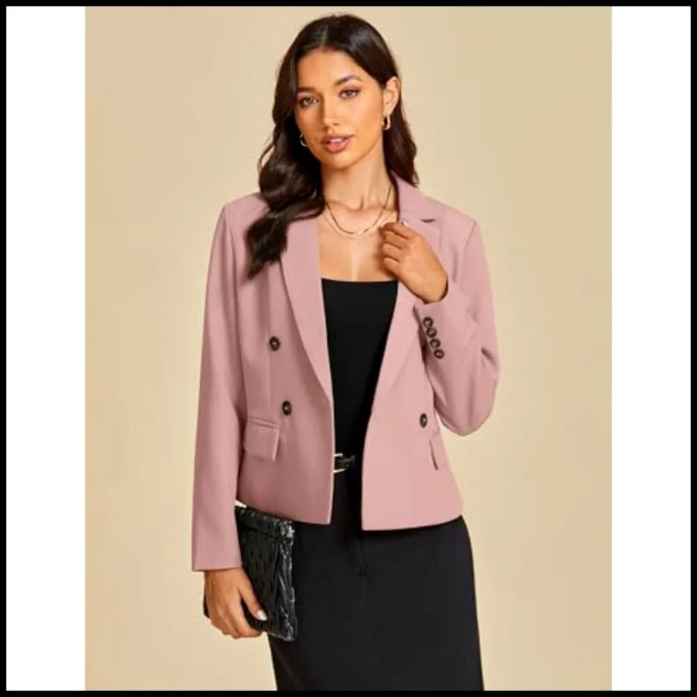 Double Breasted Blazer Notched Lapel Long Sleeve Work Office Jacket